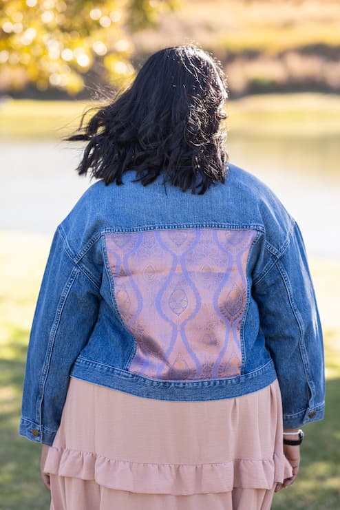 Back view of Indo-western denim jacket with vegan silk saree panels in purple