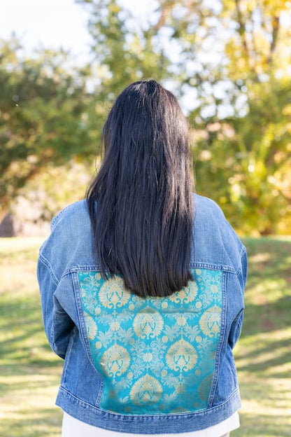 Back view of Indo-western denim jacket with vegan silk saree panels in blue