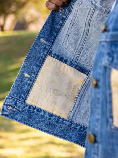 Inside pocket of Indo-western denim jacket with vegan silk saree panels in white