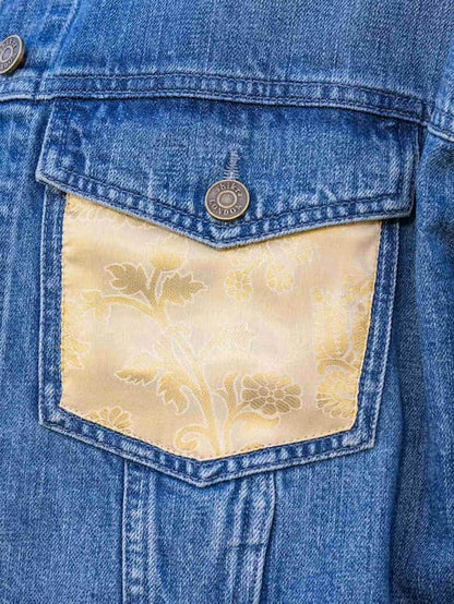 Outside pocket of Indo-western denim jacket with vegan silk saree panels in white